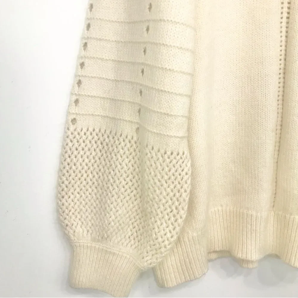 Design 365 Cream Cozy Puff Sleeve Collared Pullover Thick Knit Sweater